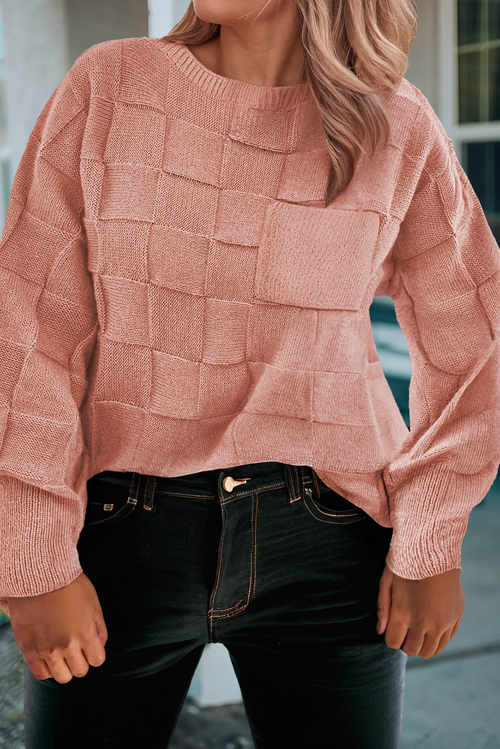 Textured Knit Patchwork Plus Size Sweater: Pink