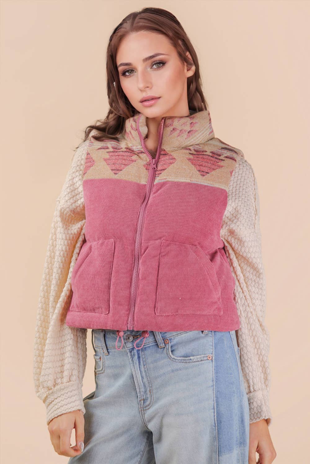 Graphic Corduroy Casual Puffer Vest: MAUVE
