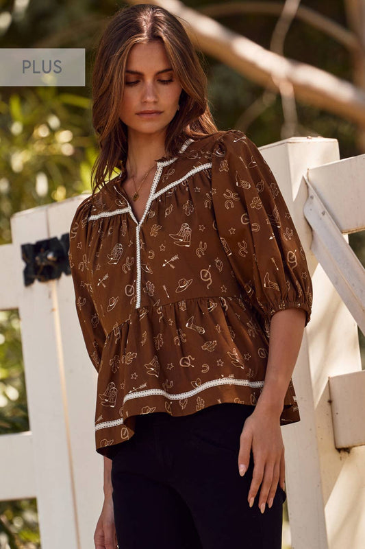 Plus Western Printed Cotton Blouse