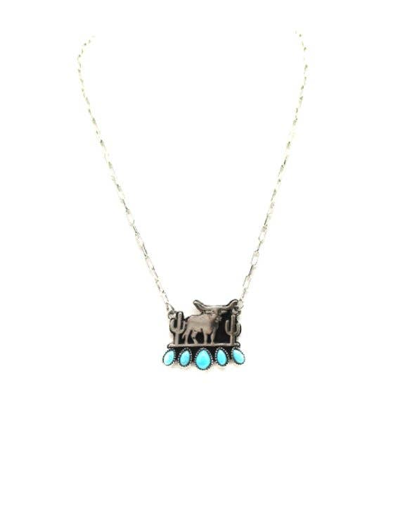 Western Longhorn Plate Turquoise Pendant Necklace
