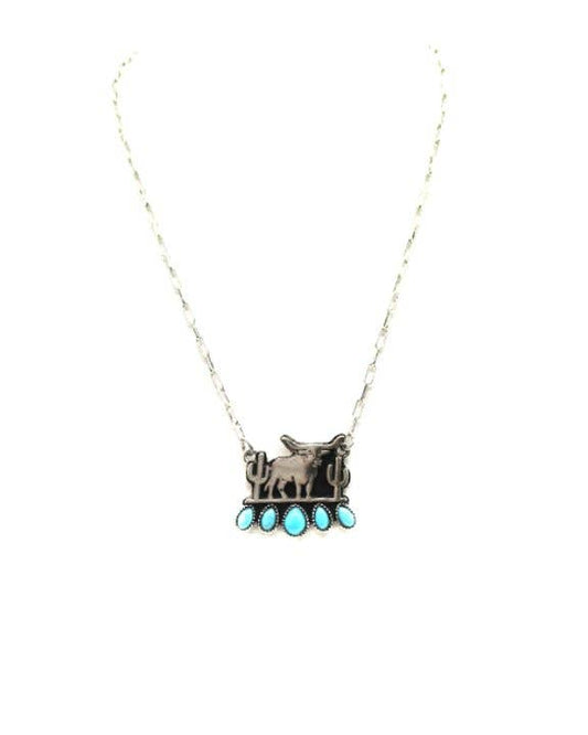 Western Longhorn Plate Turquoise Pendant Necklace