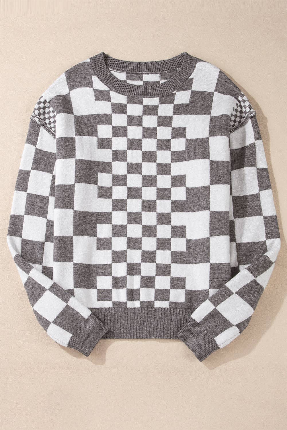 Checker Round Neck Sweater: Gray