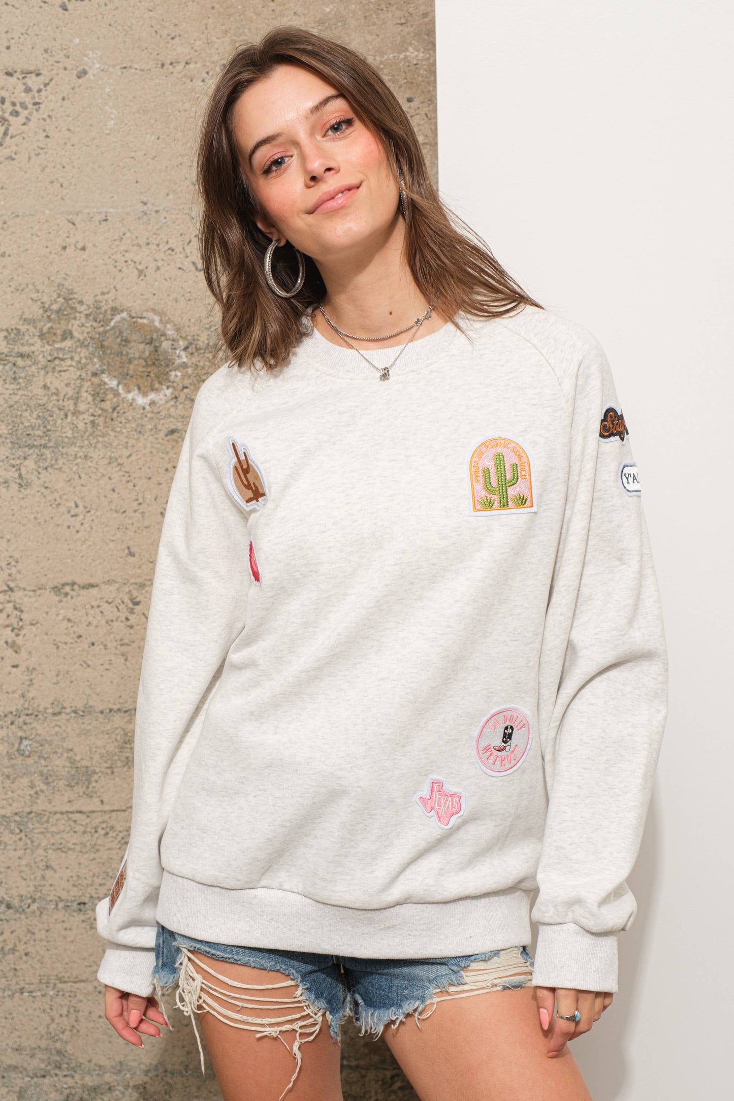 23007T - Cotton French Terry Western Patch Sweatshirt: OATMEAL