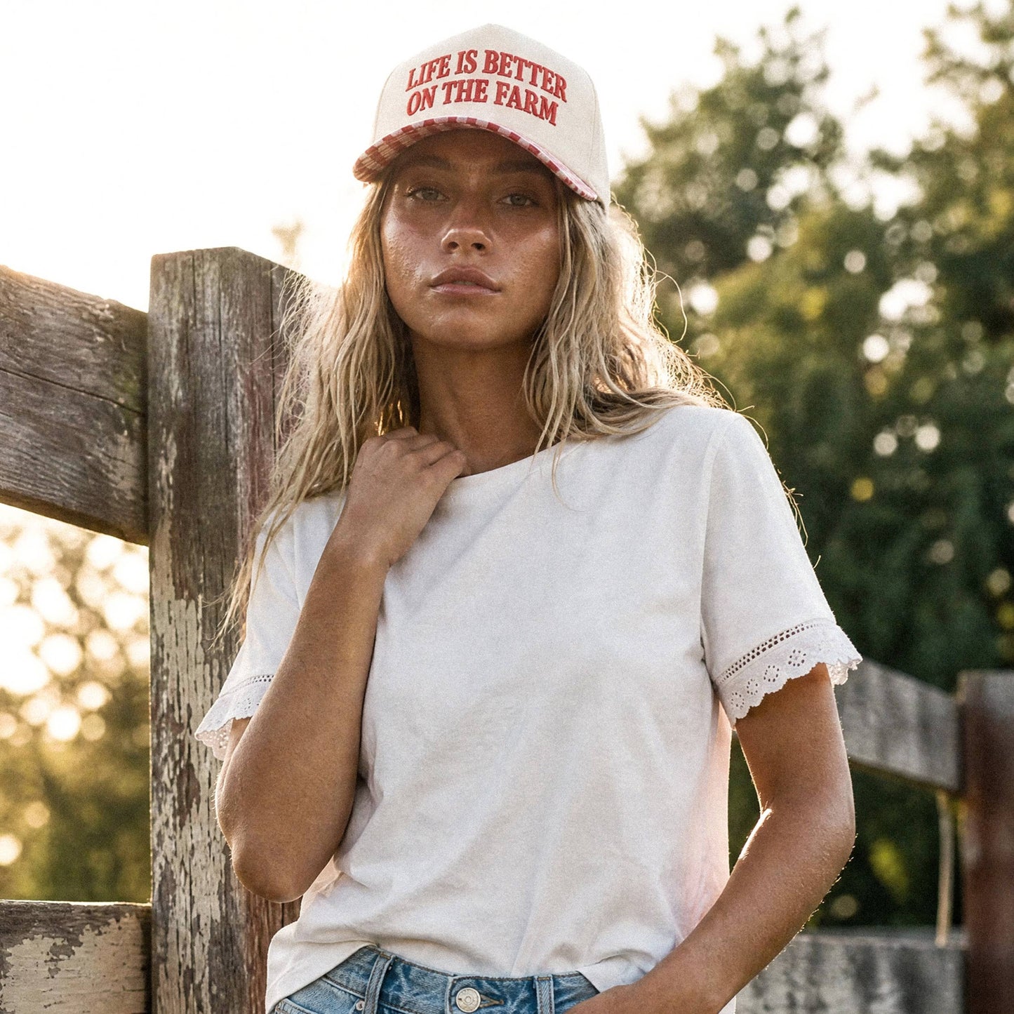 C.C LIFE IS BETTER ON THE FARM Letter Two Tone Trucker Hat: Red
