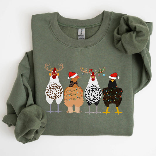 Christmas Chickens In A Row, Farm Life, Sweatshirt: Military Green