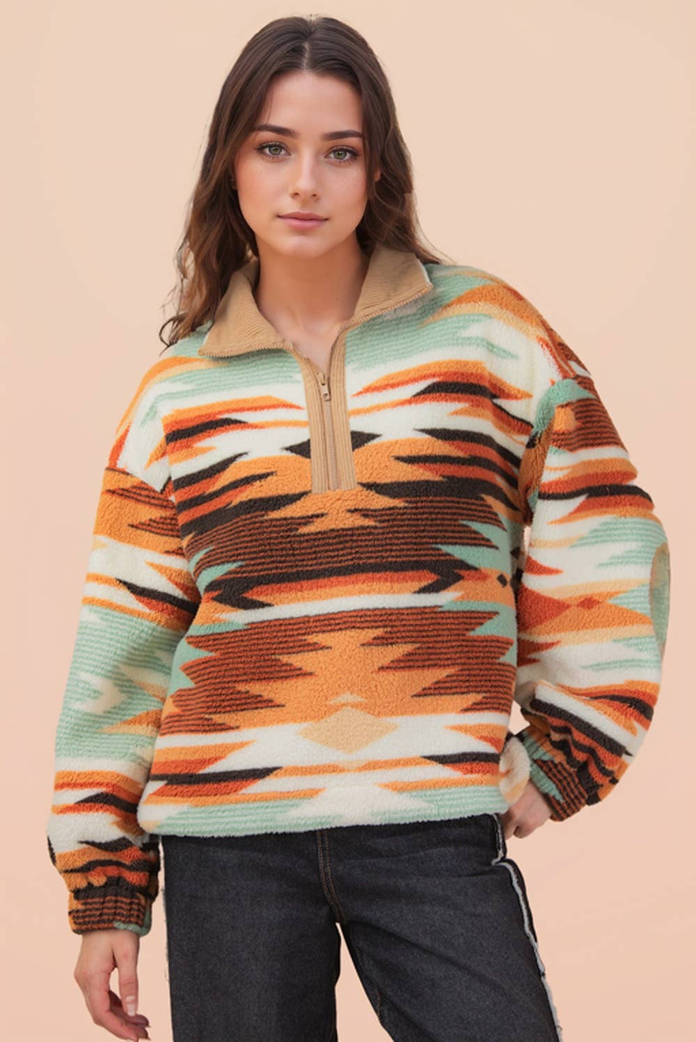 Half Zip Up Aztec & Teddy Bear Graphic Fleece Top