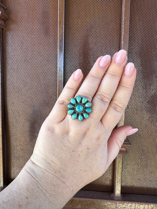 Turquoise Petals Handmade Adjustable Turquoise Sterling Silver Flower Ring: Adjustable / Turquoise ring 124
