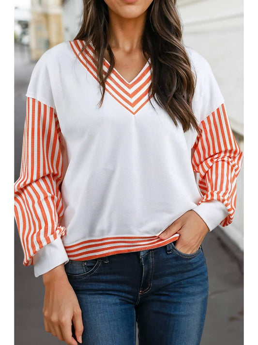Contrast Striped V Neck Long Sleeve Pullover Top