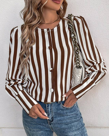 Fashion Single-Breasted Striped Contrast Long-Sleeved Shirt