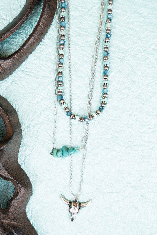 TURQUOISE SILVIA STEER SKULL SILVERTONE LAYERED NECKLACE