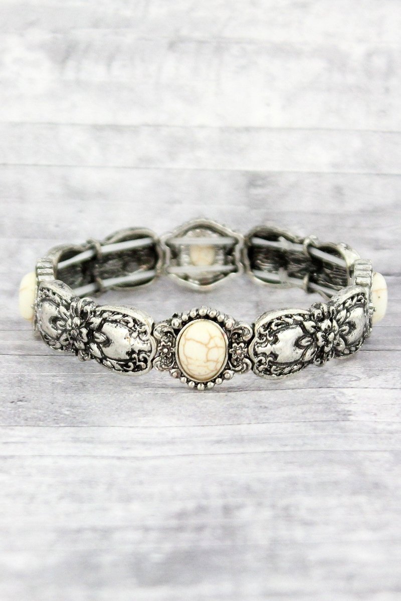 Burnished Silvertone and Howlite Bead Floral Spoon Stretch Bracelet