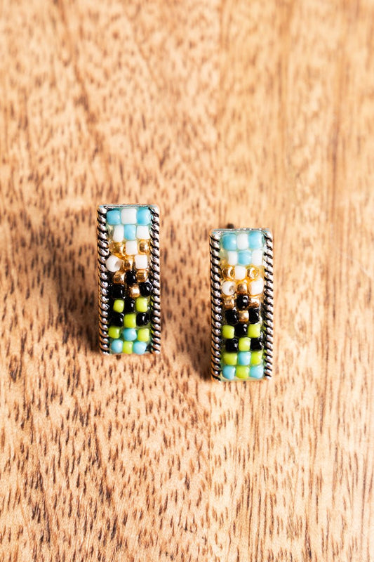 Turquoise Multi Sead Bead Silvertone Bar Earrings