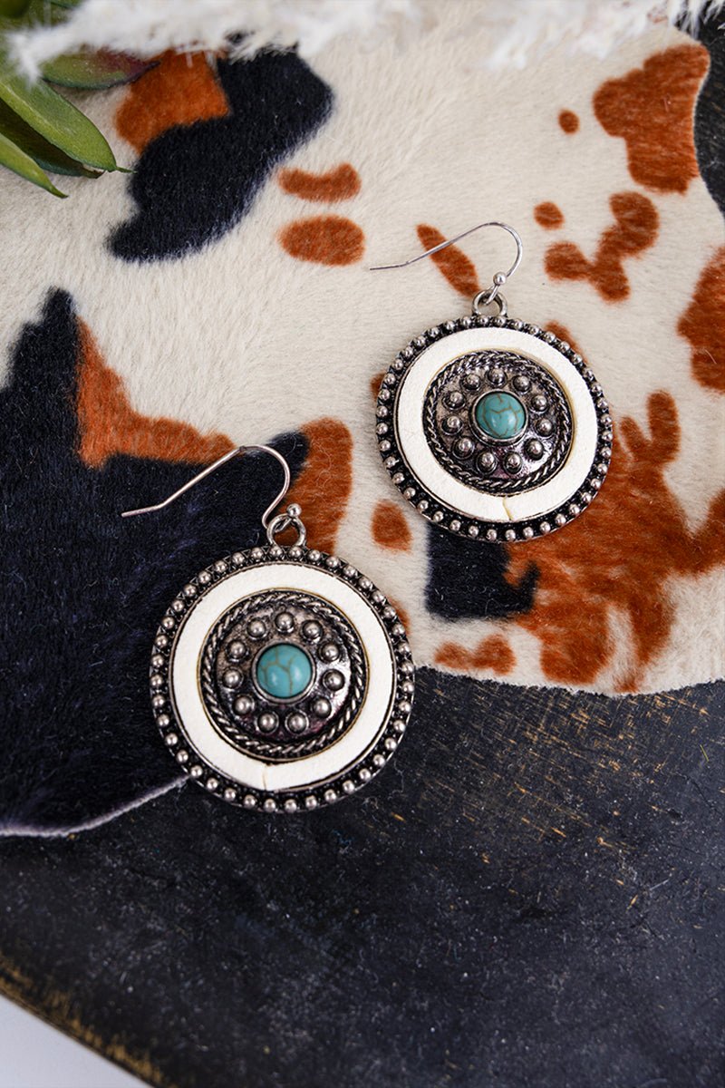 White and Turquoise Faux Leather Jacy Concho Earrings