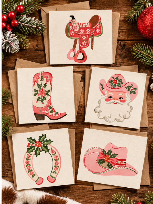 Christmas Greeting Cards 5-Pack, Vintage Western Holiday Designs