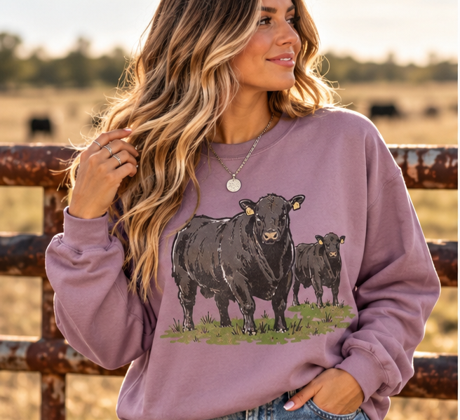 Cow and Calf Crewneck Sweatshirt - Rustic Farm Animal Graphic