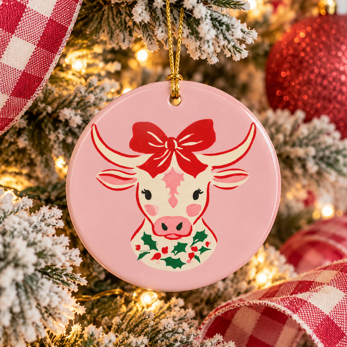 Pink Christmas Cow Ceramic Ornament