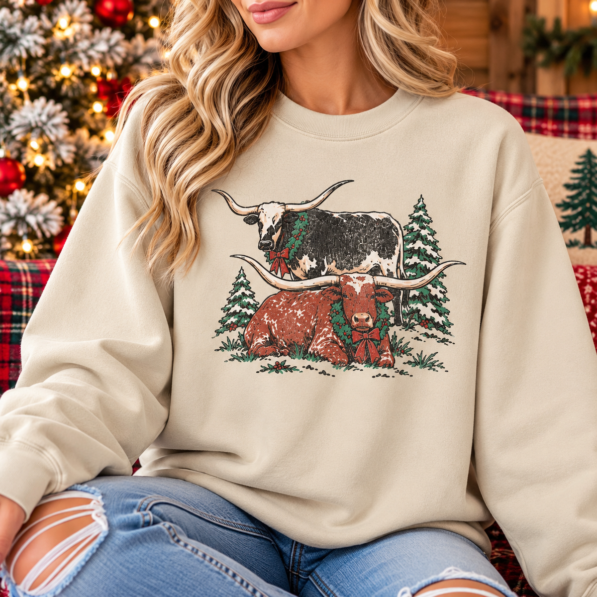 Western Longhorn Cow Christmas Sweatshirt