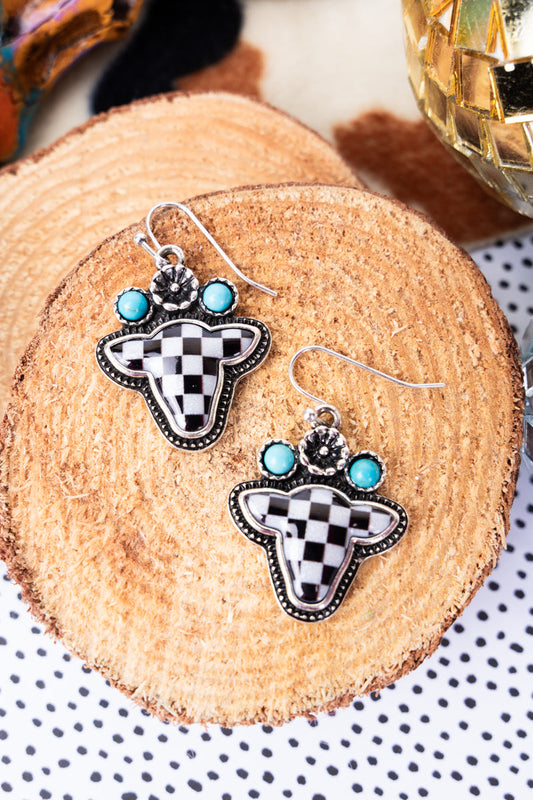 TIPI Rosy Checkered Cow Silvertone Earrings