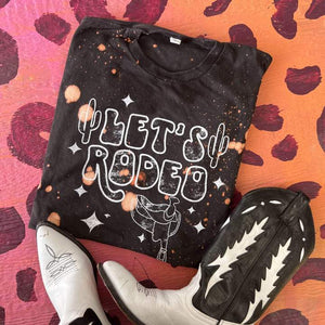 Let's Rodeo with stars and saddle - BLEACHED Charcoal Black Tee